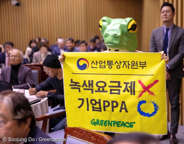 지난달 19일 서울 강남구 코엑스 컨퍼런스룸에서 여린 제3차 에너지기본계획 공청회에서 청개구리(그린피스 활동가)가 성윤모 산업통상자원부 장관에 기업PPA 제도 도입을 촉구하고 있다. (사진출처 : 그린피스)