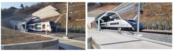 터널 미기압파 저감 시험 중인 전동차(왼쪽)와 해무 고속열차 전경.