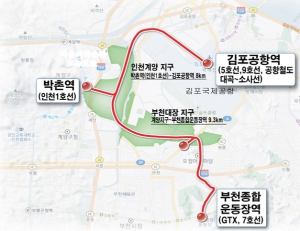 계양·대장(김포공항역～박촌역～부천종합운동장역, L=17.3km) 노선안.