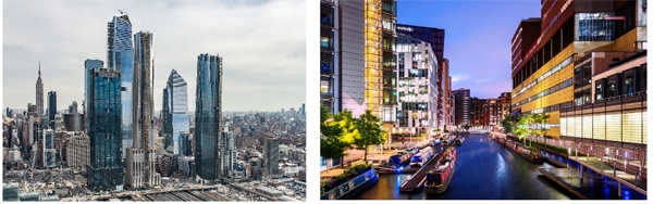 해외 도시재생 선진사례.뉴욕 허드슨야드(왼쪽)과 런던 패딩턴 워터사이드. 자료제공=한국건설산업연구원.