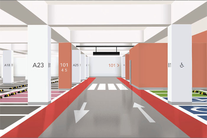 컬러 유니버설 디자인을 적용한 지하주차장 예시.