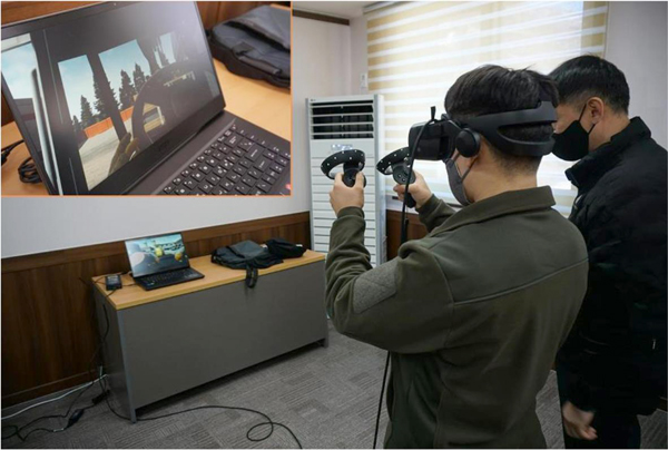 국토안전관리원 호남지사가 보유한 VR장비를 활용, 건설현장 안전사고의 위험성을 체험하고 있다.