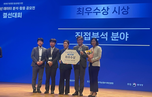 LX한국국토정보공사 정보전략실은 행정안전부 주관의 2023년 데이터 분석 활용 공모전에 공사 데이터를 활용ᐧ참가해 최우수상을 수상했다.(사진제공 : LX공사)