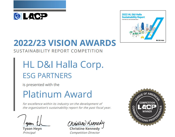 HL디앤아이한라 지속가능경영보고서의 LACP 수상 인증서.