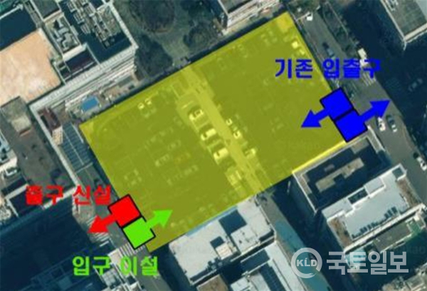 장산역 2번 공영주차장 기존 입출구와 신설되는 출구 위치도.(사진_부산시설공단)