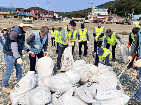 부산시설공단이 바다의 날을 기념해 한국해양과학기술원, 부산관광공사와 연합해 해양정화 캠페인을 진행하고 있다.(사진_부산시설공단)